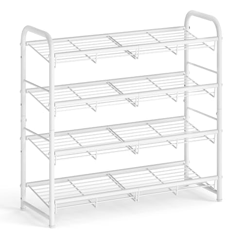 SONGMICS Stackable Shoe Rack, 4 Tier Metal Shoes Rack Storage Shelf, Holds up to 16 Pairs, Adjustable Slanted Shelves Tower Organizer for Closet Entryway Small Spaces, White - color: White, size: 4 Tiers (27"W)