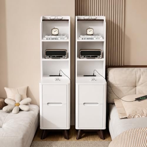 Tall Nightstand Set of 2 w/Charging Station, Narrow Nightstand w/Bookshelf | 47" Modern Side Table with 2 Drawers, Adjustable 4 Open Shelves, Wooden End Table Bedside Table for Bedroom (White) - color: White, size: Tall (2 drawer)