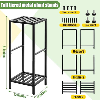 Party Zealot 2 Packs of 2-Tier Tall Metal Square Plant Stand 31” Heavy-Duty Modern Flower Pot Rack for Indoor Living Room, Corner Side Table for Outdoor Patio, Garden Planter Holder, Black - style: Square tube - 2 pack