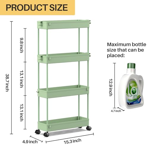 SPACEKEEPER Slim Rolling Storage Cart 4 Tier Bathroom Organizer Utility Cart Mobile Shelving Unit Tower Rack for Kitchen, Laundry Room, Bathroom, Narrow Places, Green - color: Green