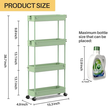 SPACEKEEPER Slim Rolling Storage Cart 4 Tier Bathroom Organizer Utility Cart Mobile Shelving Unit Tower Rack for Kitchen, Laundry Room, Bathroom, Narrow Places, Green - color: Green