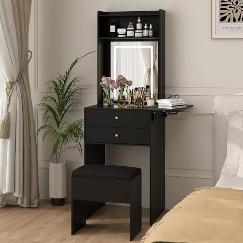 ARTETHYS Small Vanity Desk with Mirror & Foldable Side Panel for Bedroom | Compact for Small Apartments,Dimmable LED Mirror, 2 Spacious Drawer,Space Saving, Drop-Leaf Side Panel, Hidden Storage Stool - color: Black