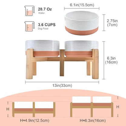 SPUNKYJUNKY Elevated Dog Bowls Ceramic, 6.1'' Dogs and Cat Food Water Bowls Raised with Non-Slip Bamboo Stand for Medium Sized Breed Microwave Dishwasher Safe - 28.7 OZ,Pattern White - color: Pattern White, size: 6.1 in - 3.6 cups