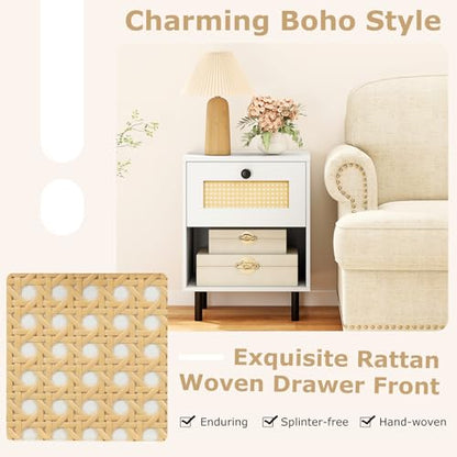 Giantex Rattan Nightstand with Drawer, Modern Bed Side Table w/ 4 Metal Legs and Open Storage Shelf, Wood Boho End Table for Small Spaces, White Night Stand for Bedroom Office - color: White