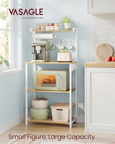 VASAGLE BARNET Collection - Kitchen Bakers Rack with Power Outlet, 23.6-Inch Wide Coffee Bar 4-Tier with 8 S Hooks, Modern Microwave Stand, Adjustable Shelf, Golden Oak and Cloud White UKKS014Y01V1 - color: Golden Oak + Cloud White, size: 23.6"W