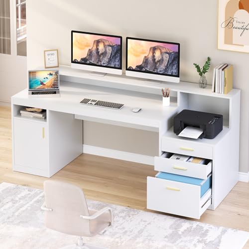 YOMILUVE Computer Desk with 3 Drawer & Storage Shelves, Home Office Desk with File Drawer & Cabinet, Writing Study Table with Long Monitor Stand & Printer Shelf, Executive Desk, White - color: White