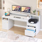 YOMILUVE Computer Desk with 3 Drawer & Storage Shelves, Home Office Desk with File Drawer & Cabinet, Writing Study Table with Long Monitor Stand & Printer Shelf, Executive Desk, White - color: White