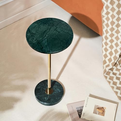 Premium Small Round Natural Marble Stone Pedestal Side Table, End Table, Mini Drink Table with Upgraded Weighted Marble Base, for Livingroom, Bedroom, Bathroom, Balcony, Small Spaces (Emerald Green)