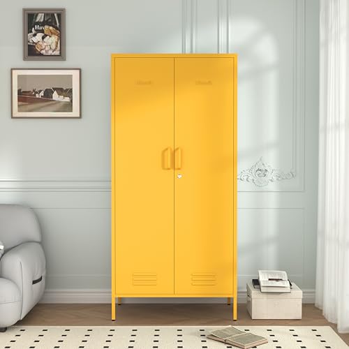 Industrial 67" Yellow Lockable Metal 2-Door Storage Cabinet, Multi-Purpose Wardrobe with Hanging Rod & Adjustable Shelves, Heavy Duty for Bedroom, Garage, Home Office 67"H X 31.5"W X 18.1"D - color: Mustard, style: Wardrobe-67"H-JS
