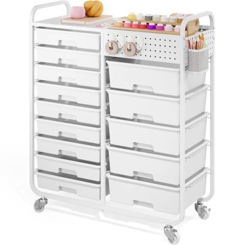 Rolling Storage Cart with 14 Drawers, Storage Organizer Cart with Tabletop and Pegboard,Utility Cart for Living Room, Classroom, Bedroom,Bathroom,Dorm,Office (White) - color: White