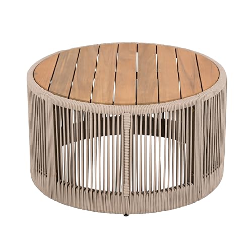 Christopher Knight Home Peyz Acacia Wood Outdoor Side Table Set of 2 with Woven Rope Design, Patio Round Coffee Table Set with Small Side Desk, Functionality Stylish 2 Tables for Garden, Teak + Beige