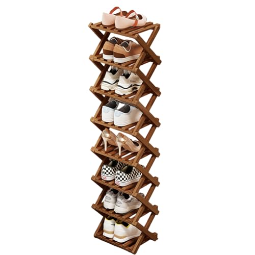 YYW Bamboo Shoe Rack for Entryway, Free Standing Shoe Racks Shelf Closet, Widen Foldable Vertical Shoe Storage Organizer for Living Room - color: Tawny-8 Layers