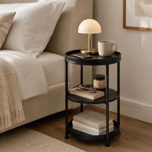 Dulcii Side Table, Round End Table with 3 Shelves for Living Room, Bedroom, Nightstand with Steel Frame for Small Spaces, Industrial Round Sofa Table, Outdoor Accent Coffee Table, Black - color: Black, style: Classic