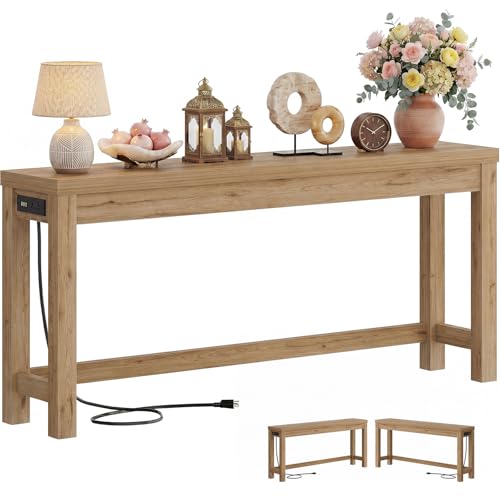 Cyclysio 63" Console Tables for Entryway, Long Console Tables for Living Room, Behind Couch Table, Sturdy Wood Support Farmhouse Entryway Table with 3AC+2USB Charging‌ Station, Natural Oak - color: Natural Oak, size: 63 inch