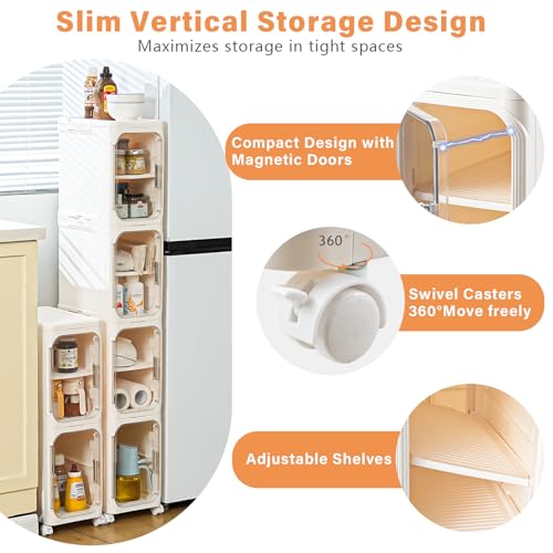 4-Tier Slim Bathroom Storage Cabinet, Tall Narrow Storage Cabinet with Movable Wheels, Adjustable Shelves, Skinny Bathroom Storage Organizer for Small Space, Bathroom, Kitchen, Laundry, Cream White - size: 4-Tiers