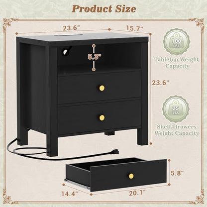 Aheaplus Nightstand with Charging Station, 23.6'' Large Bed Side Table with Wooden 2 Drawers, Night Stand for Bedroom, End Table with Open Storage Shelf for Living Room, Set of 2, Black - color: Black