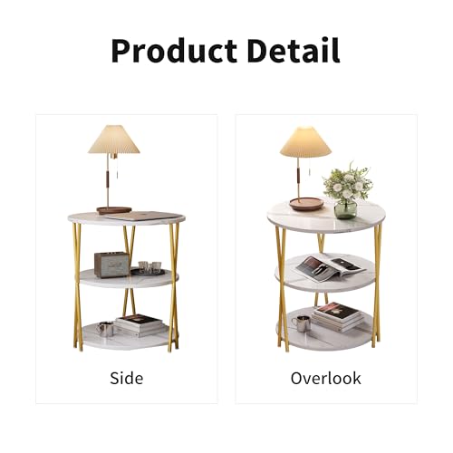 23 Inch Round Side Table 3-Tier End Table Living Room Small Patio Table Nightstands Round Coffee Table Spacious Top for Couch Bedroom 3 Storage Shelves Accent Coffee Table, Marble White - color: Marble White