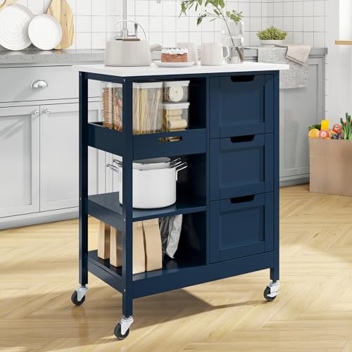 YITAHOME Small Solid Wood Top Kitchen Island Cart on Wheels with Storage, Rolling Portable Dining Room Serving Utility Carts Mobile Movable with 3 Drawers Cabinet, Navy Blue - style: 26.7"W Blue