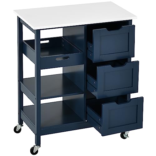 YITAHOME Small Solid Wood Top Kitchen Island Cart on Wheels with Storage, Rolling Portable Dining Room Serving Utility Carts Mobile Movable with 3 Drawers Cabinet, Navy Blue - style: 26.7"W Blue