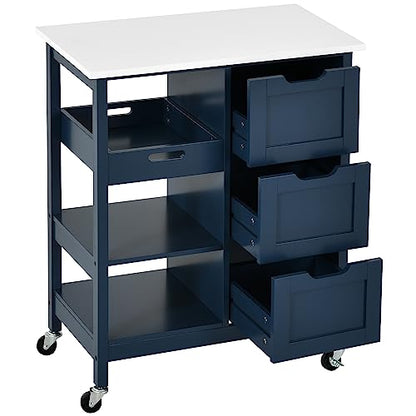 YITAHOME Small Solid Wood Top Kitchen Island Cart on Wheels with Storage, Rolling Portable Dining Room Serving Utility Carts Mobile Movable with 3 Drawers Cabinet, Navy Blue - style: 26.7"W Blue