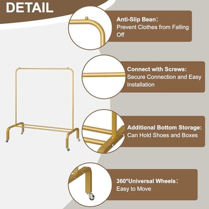 Metal Clothing Rack with Wheels 43.3 Inches Rolling Clothes Garment Coat Rack with Bottom Shelf Clothing Rack for Hanging Clothes Coats Skirts Shirts Sweaters Gold - color: Gold, size: 43.3"W x 15.75"D x 61"H with wheels