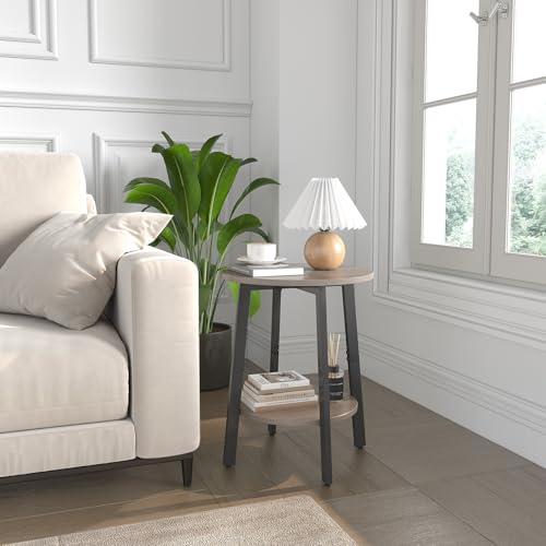 sthmec Side Table, Small Round End Table with Storage Shelf for Small Space, 2-Tier Bedside Table Sofa Couch Table, Round Accent Table Nighstands for Living Room, Bedroom, Grey - color: Grey