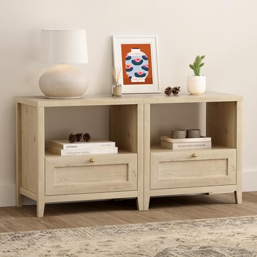 EYYTHUNG Farmhouse Nightstands Set of 2 with Drawer Modern 24" Wide End Table Night Stand Large Wooden Bedside Table with Open Shelf Mid Century Night Stands for Sofa, Light Oak - color: Light Oak, size: 2 PCS