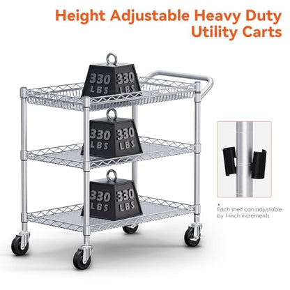 WDT 990Lbs Capacity Heavy Duty Rolling Utility Cart, NSF Rolling Carts with Wheels,Commercial Grade Metal Cart with Handle Bar & Shelf Liner,Trolley Serving Cart for Kitchen,Restaurant,Silver - color: Silver 3 Tier