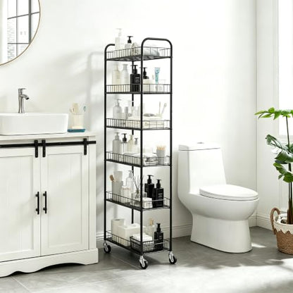 Slim Rolling Storage Cart with Wheels,10in 6 Tier Black | Narrow Space Rolling Shelving Unit , Metal Wire Mobile Organizer Rack for Kitchen Bathroom Office Laundry - size: 10in Black Cart