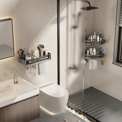 VOLPONE Shower Caddy Suction Cup, 2 Pack Corner Shower Shelves No Drilling, Showers Organizer Storage with Towel Bar & Removable Hooks, Bathroom Shower Shelf Rack for Inside Showers