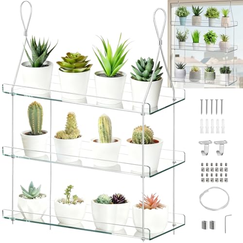 Tlence 3-Tier Window Plant Shelves, Hanging Acrylic Plant Shelf for Indoor, Clear Window Shelf for Plants, Height Adjustable Flower Display Stand, Succulent Pot Organizer for Herbs Microgreens