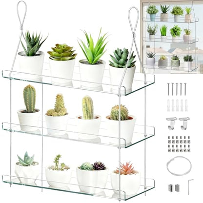Tlence 3-Tier Window Plant Shelves, Hanging Acrylic Plant Shelf for Indoor, Clear Window Shelf for Plants, Height Adjustable Flower Display Stand, Succulent Pot Organizer for Herbs Microgreens