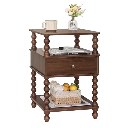 AWASEN Mid Century Modern Nightstand, Bedside Table with Storage, 3-Tier Small Night Stand End Table with Drawer for Bedroom &Solid Wood Spindle Legs, Walnut Brown - color: Walnut Brown