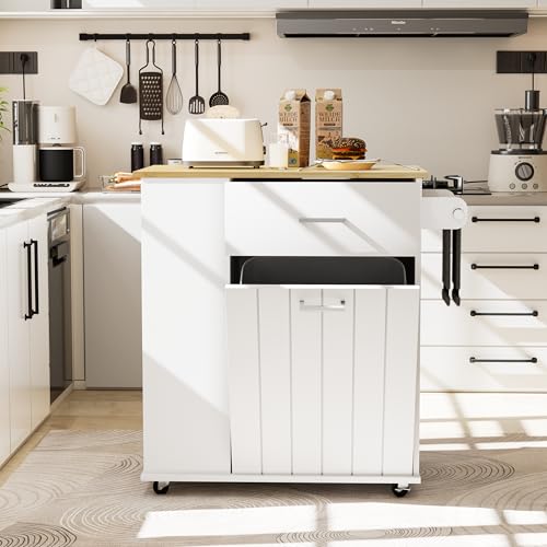HQZX Rolling Kitchen Island with Trash Can Storage, Portable Kitchen Island on Wheels with Towel Rack & Spice Rack, Tilt Out Trash Can Cabinet with Drawer, Mobile Island Cart (White) - color: White