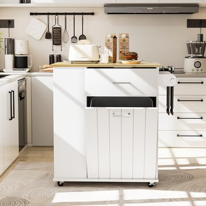 HQZX Rolling Kitchen Island with Trash Can Storage, Portable Kitchen Island on Wheels with Towel Rack & Spice Rack, Tilt Out Trash Can Cabinet with Drawer, Mobile Island Cart (White) - color: White