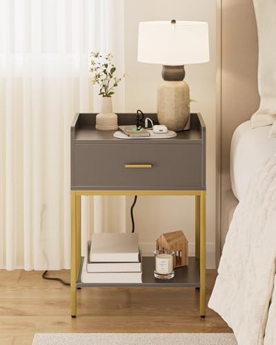 Nightstand with Charging Station,3-Tier Bedside Table for Small Space,Modern Night Stand with Storage Drawer and Shelf,Small Side Table for Bedroom,Living Room,Gray - color: Gray With Charging Station