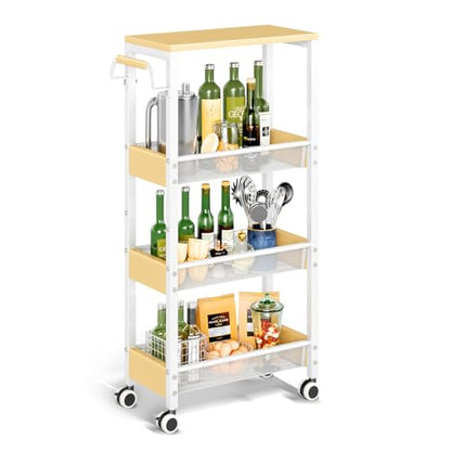 Utility Slim Storage Cart with Wheels, 4 Tier Slim Rolling Cart, Slim Rolling cart for Kitchen,Small Rolling Cart with Wood Top, Skinny Metal Organization Trolley Laundry with Handle for Small Space