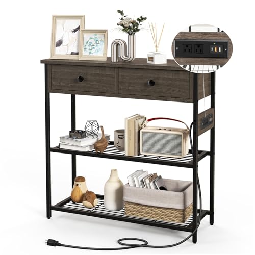 GOFLAME Console Table with Power Outlet, Narrow Entry Table with Drawers, 2 AC Outlets & 2 USB Ports, Sofa Table for Living Room Behind Couch, Living Room, Foyer, Grey Oak