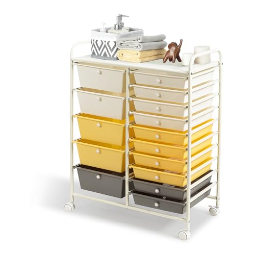 DREAMADE Rolling Cart with 15 Drawers, Lockable Wheels, Removable & 2-Sized Storage, Art Cart for School, Home, Crafts, Scrapbook (Yellow) - color: Yellow, Beige & Grey, size: 25"L x 14.5"W x 34.5"H