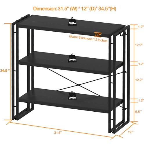 HCHQHS Bookshelf, 3-Tier Industrial Bookcase, Black Open Book Shelf, Freestanding Horizontal Bookshelves with Metal Frame - color: Black, size: 3-Tier (31.5"W x 33.5"H)