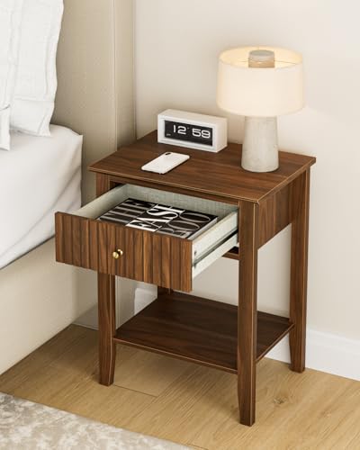 Fluted Nightstand, Farmhouse Night Stand with 1 Drawers, Mid Century Modern Side Accent Table,Bedside End Table for Bedroom, Living Room, Brown - color: Walnut Brown, size: 1 Drawer