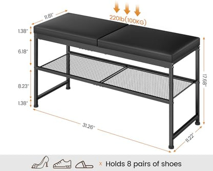 DAOUTIME Shoe Rack Bench, 2-Tier Shoe Storage Organizer with PU Seat Cushion, Entryway Bench with Height-Adjustable Metal Mesh Shelves, Modern Bench Seat for Bedroom Living Room Hallway Foyer, Black
