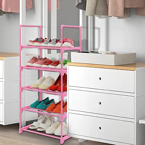 LNYZQUS 5-Tier Small Kids Shoe Rack Organizer, Pink Toddler Shoe Shelf Shoe Stand for Closet Narrow Space,Mini Shoe Storage Rack Short Shoe Tower for Women & Girls(Full Pink)