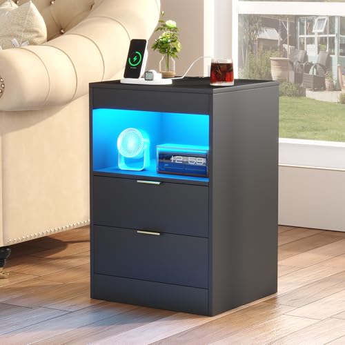 Gadroad Night Stand, LED Nightstand with Charging Station, Wood Bedside Table, End Table Sofa Couch Side Table with Pull-Out Shelf, Black - color: Black