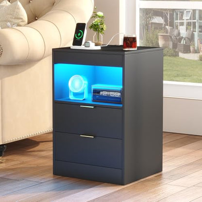 Gadroad Night Stand, LED Nightstand with Charging Station, Wood Bedside Table, End Table Sofa Couch Side Table with Pull-Out Shelf, Black - color: Black