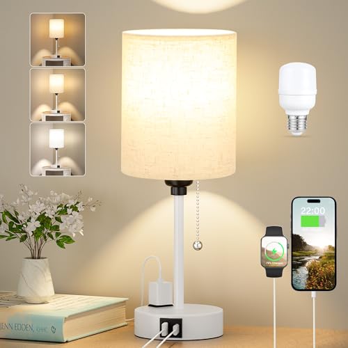 Small Bedside Lamp for Bedroom Nightstand - 3000K 4000K 5000K Bedside Lamps with USB C and A Ports, Pull Chain Table Lamps with AC Outlet, Nightstand Lamps with White Metal Base for Kids Reading - color: Cream, size: 14.6 in