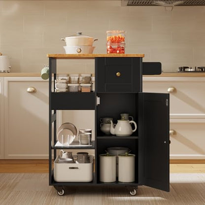 Gizoon Kitchen Island Cart on Wheels, with Thickened Wooden Countertop, Rolling Serving Utility Cart with Drawers and Doors, Bar Cart with Adjustable Shelf and Removable Tray for Dining Room, Black - color: Black & Tabletop-oak Color