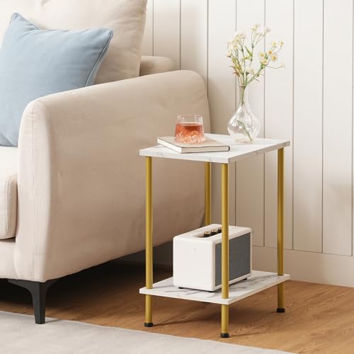 HOOBRO End Tables Set of 2, Small Side Table, Nightstand with 2-Layer Storage Shelves, Sofa Table for Small Spaces, Living Room, Bedroom, Stable Frame, Easy Assembly, Gold and Marble DM09BZP201 - color: Marble + Gold