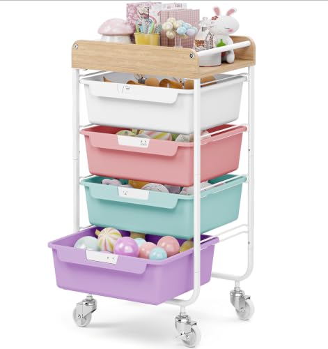SYKIARIOL Rolling Utility Storage Cart,4 Labeled Ice Cream Colored Drawers with Wooden Tabletop, Art Craft Sewing Study Organizer Cart for Crafters,Artists,Sewing enthusiast,Kids,Teachers,Students - color: Ice Cream, size: 4-Drawer