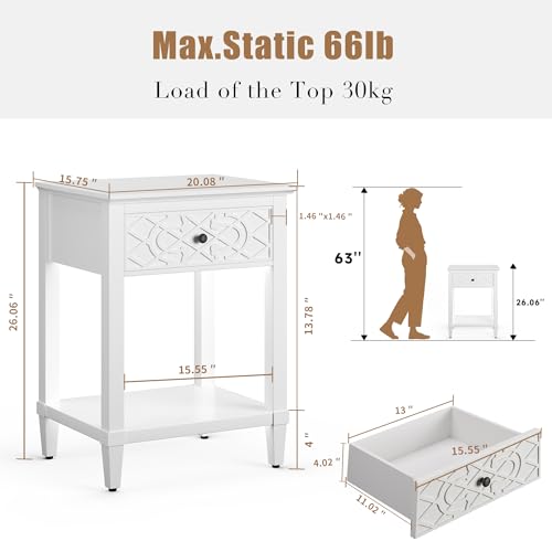 26" Night Stand with Drawers, Painted Bedside Table, Solid Wood Nightstand | Pine Leg and Solid Wood Frame Nightstand, Side Table End Table for Bedroom, Carved Pattern, Pure White - color: Pure White